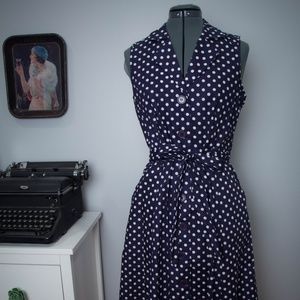NWT Retro Navy Polka Dot Cotton Shirt Dress (sz m)